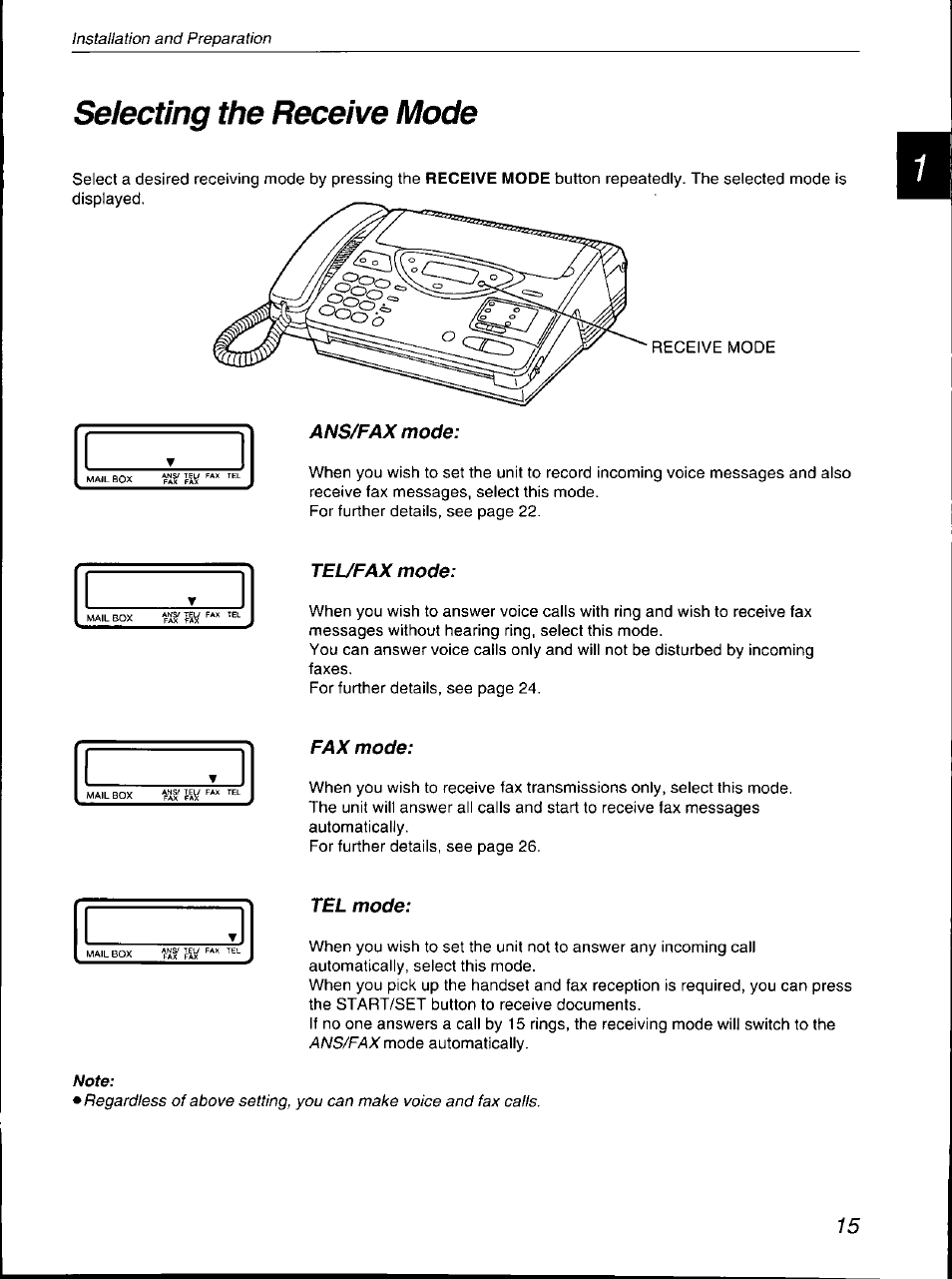 Selecting the receive mode, Teufaxmode, Fax mode | Tel mode, Ans/fax | Panasonic KX-F700 User Manual | Page 15 / 86