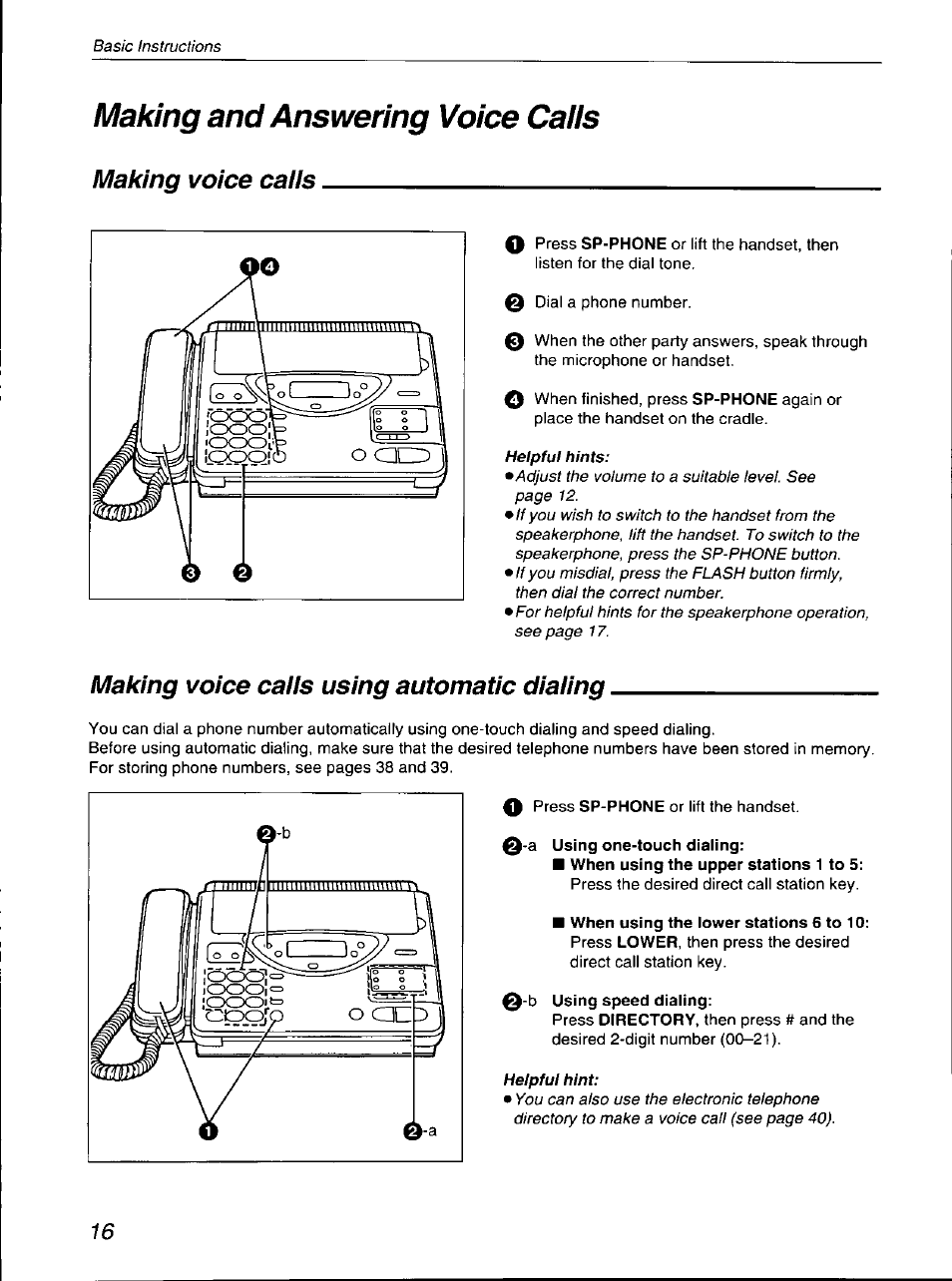 Making and answering voice caiis, Making voice caiis, Making voice caiis using automatic diaiing | A using one-touch dialing, B using speed dialing, Making and answering voice calls, Making voice calls | Panasonic KX-F700 User Manual | Page 16 / 86