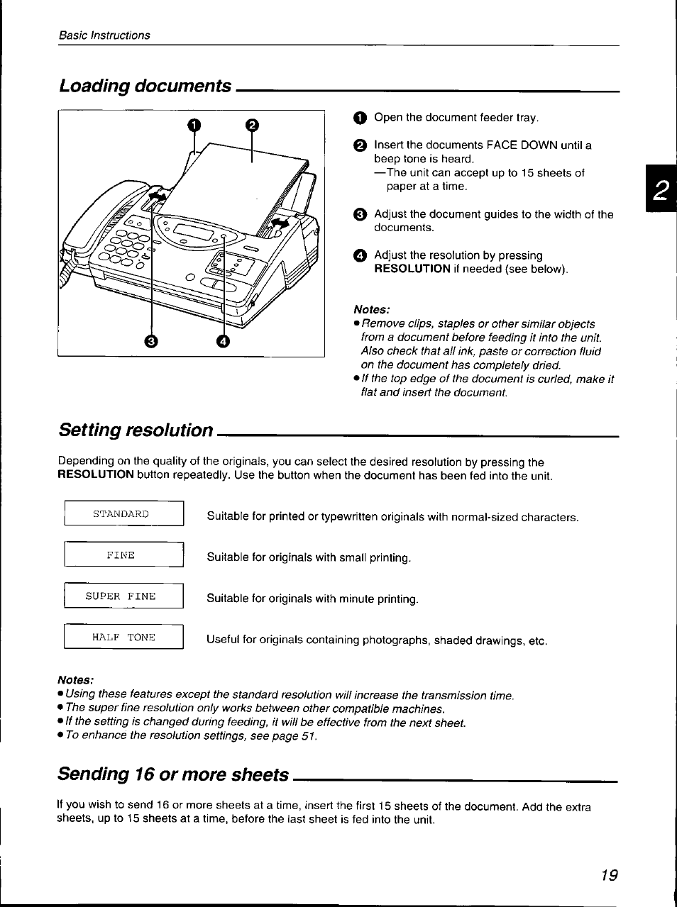 Loading documents, Setting resolution, Sending 16 or more sheets | Panasonic KX-F700 User Manual | Page 19 / 86