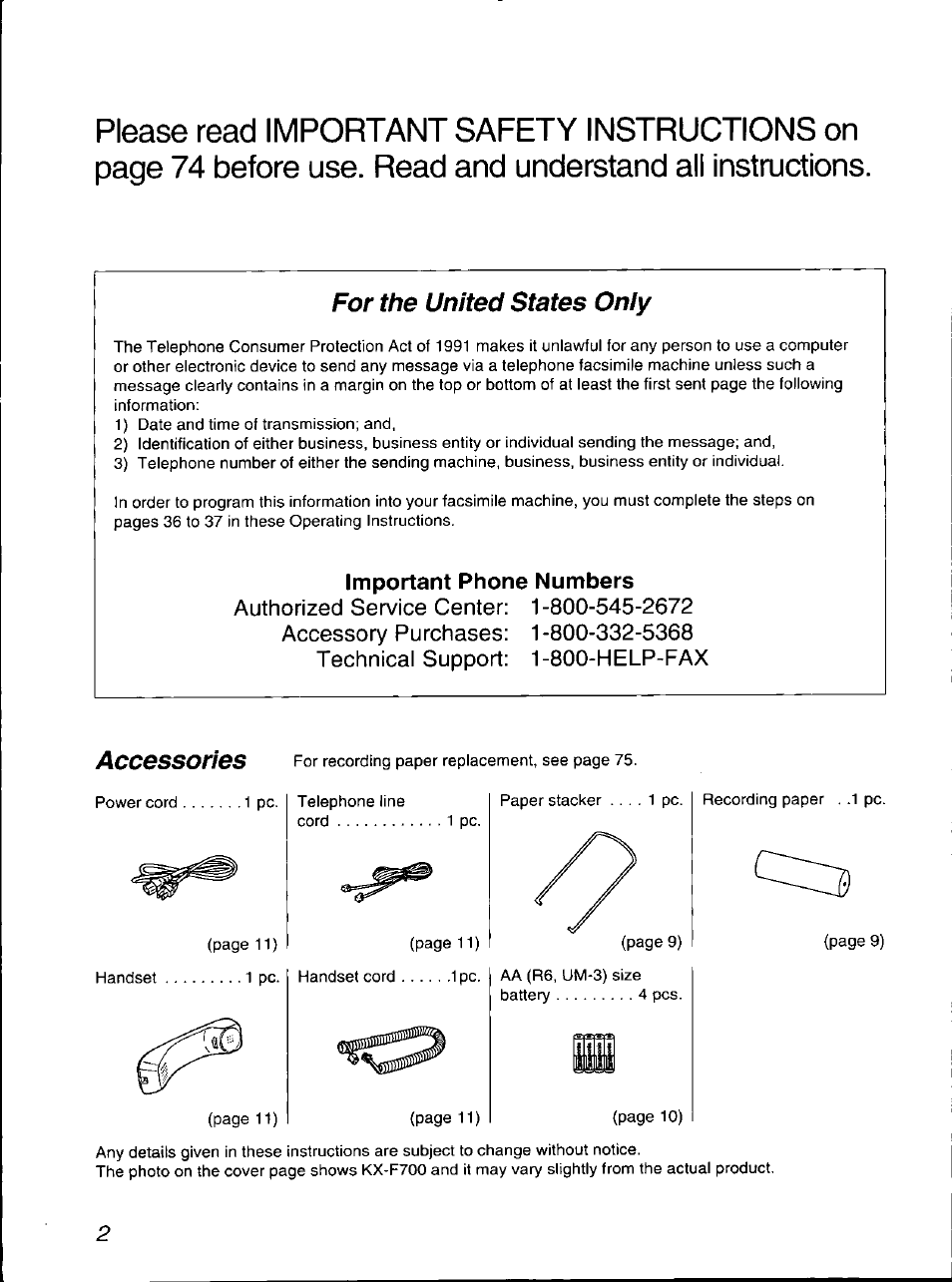 For the united states only, Accessories | Panasonic KX-F700 User Manual | Page 2 / 86