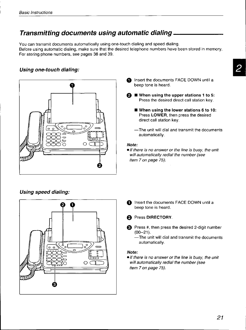 Transmitting documents using automatic diaiing, Transmitting documents using automatic, Dialing | Panasonic KX-F700 User Manual | Page 21 / 86