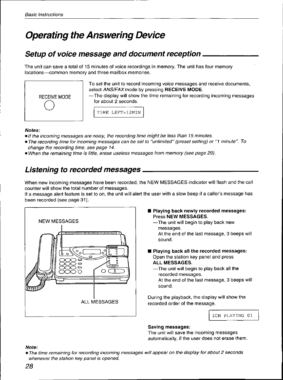 Operating the answering device, Setup of voice message and document reception, Listening to recorded messages | Playing back all the recorded messages, Saving messages | Panasonic KX-F700 User Manual | Page 28 / 86