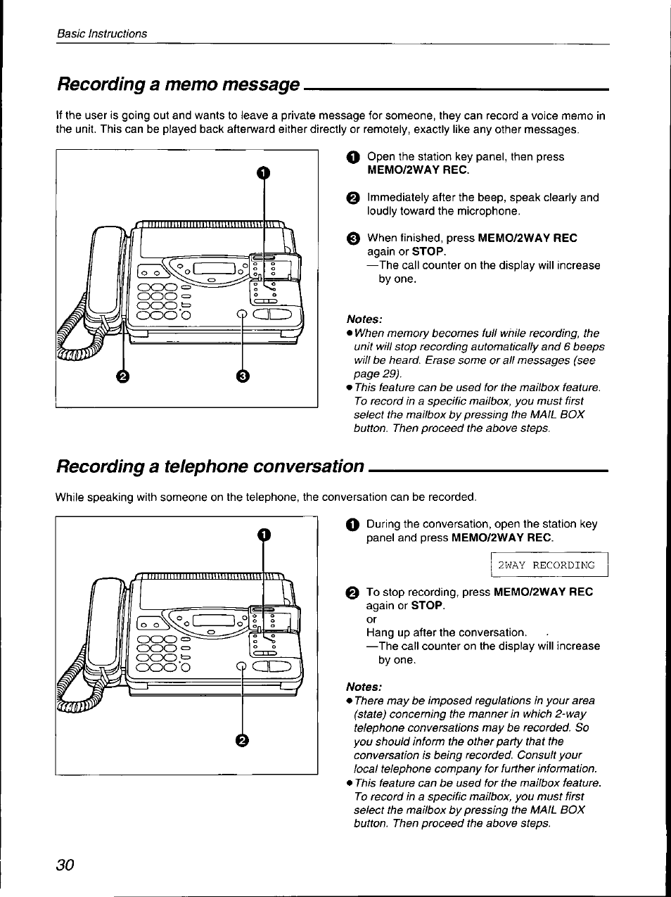 Recording a memo message, Recording a telephone conversation | Panasonic KX-F700 User Manual | Page 30 / 86