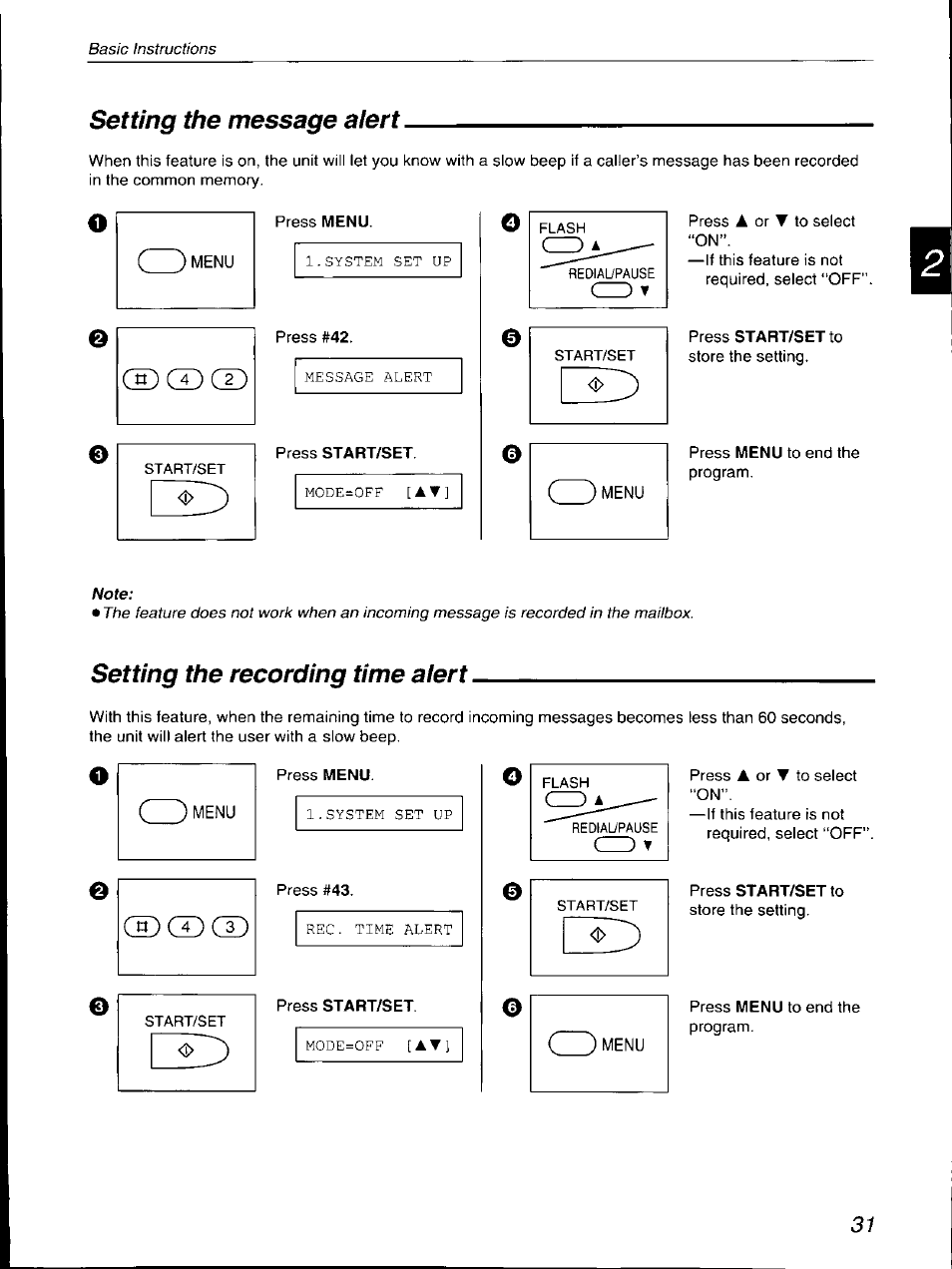 Setting the message alert, Setting the recording time alert | Panasonic KX-F700 User Manual | Page 31 / 86