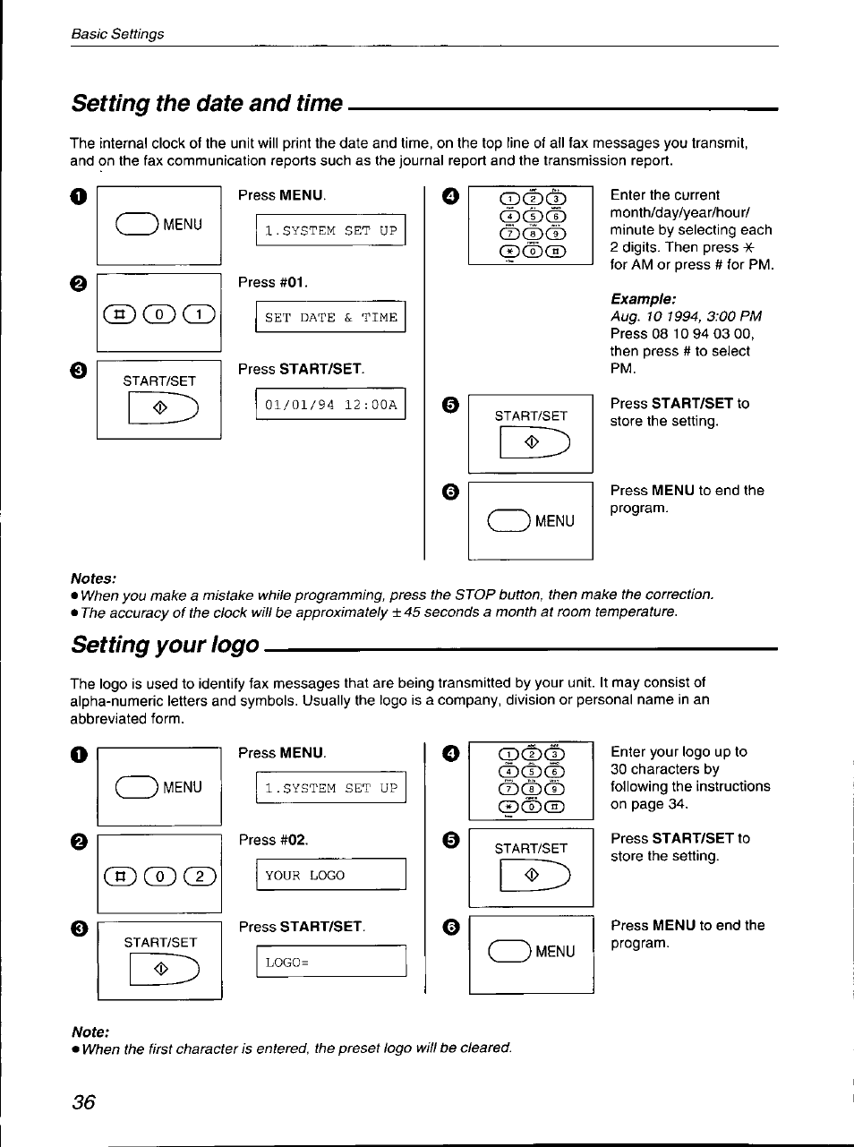 Setting the date and time, Setting your iogo, Setting the date and time setting your logo | Ж) ® cd | Panasonic KX-F700 User Manual | Page 36 / 86