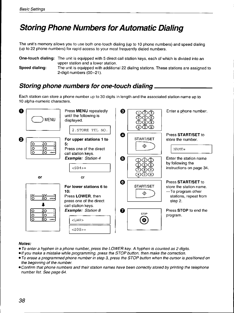 Storing phone numbers for automatic dialing, Storing phone numbers for one-touch dialing, Storing phone numbers for automatic | Dialing, Storing phone numbers for speed dialing | Panasonic KX-F700 User Manual | Page 38 / 86