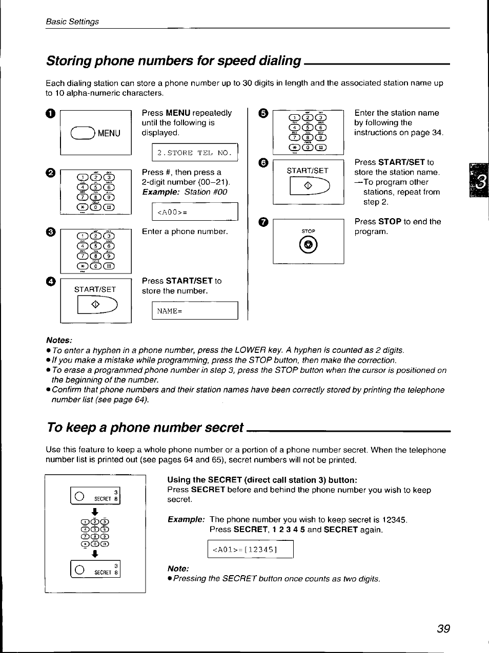 Storing phone numbers for speed dialing, To keep a phone number secret, Cpcpcp | Panasonic KX-F700 User Manual | Page 39 / 86