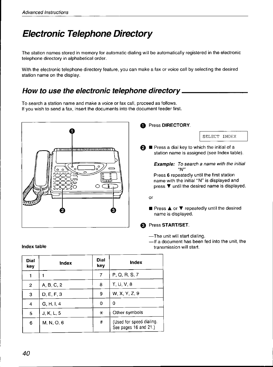 Electronic telephone directory, How to use the electronic telephone directory, How to use the electronic telephone | Directory, Example: to search a name with the initial “n | Panasonic KX-F700 User Manual | Page 40 / 86
