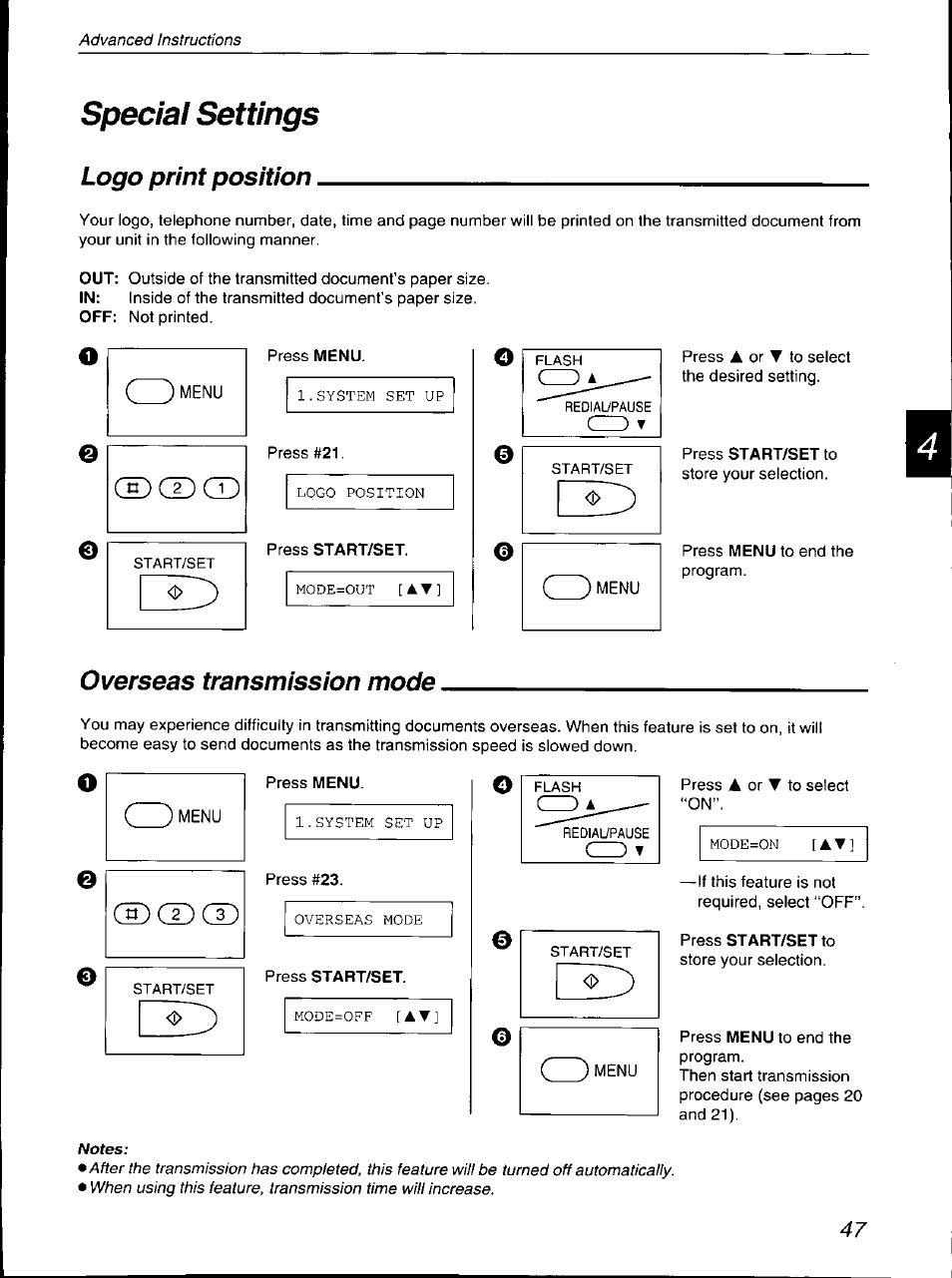 Special settings, Logo print position, Overseas transmission mode | Logo print position overseas transmission mode, Cd cd cd | Panasonic KX-F700 User Manual | Page 47 / 86
