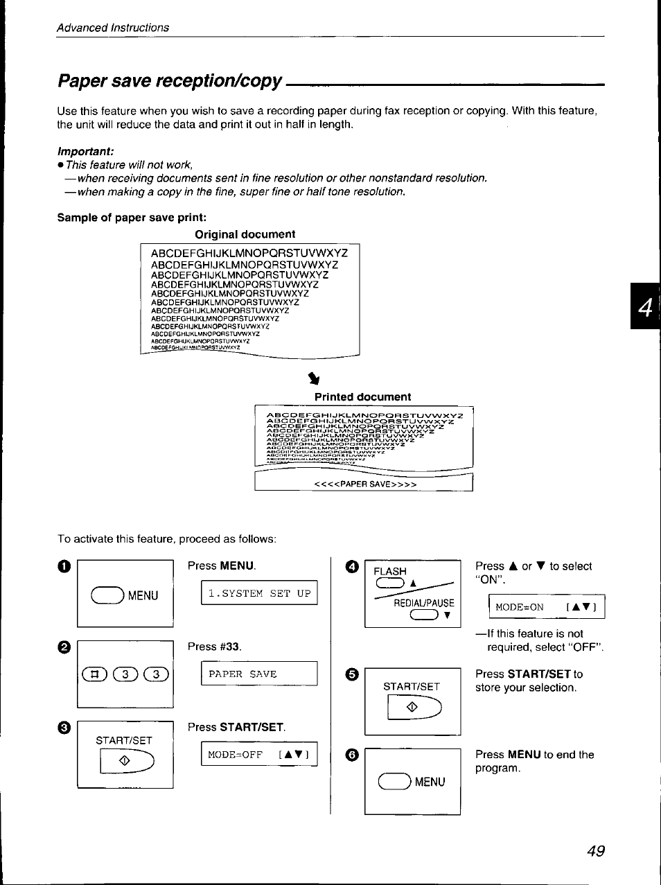 Paper save reception/copy, Sample of paper save print, Original document | Printed document, Press start/set, Press start/set to | Panasonic KX-F700 User Manual | Page 49 / 86