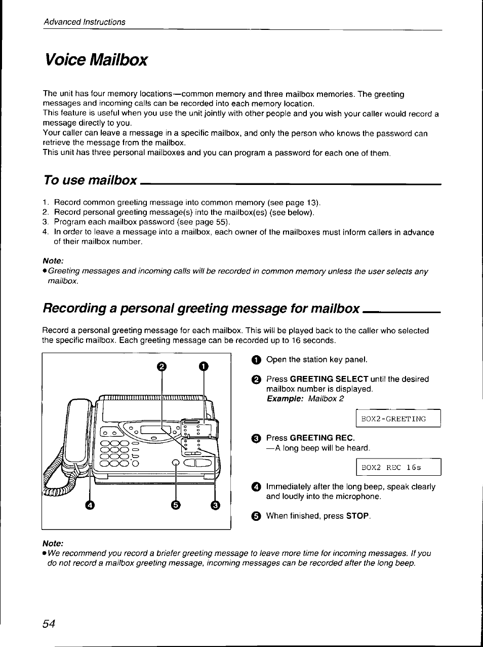 Voice mailbox, To use mailbox, Recording a personal greeting message for mailbox | To use maiibox | Panasonic KX-F700 User Manual | Page 54 / 86