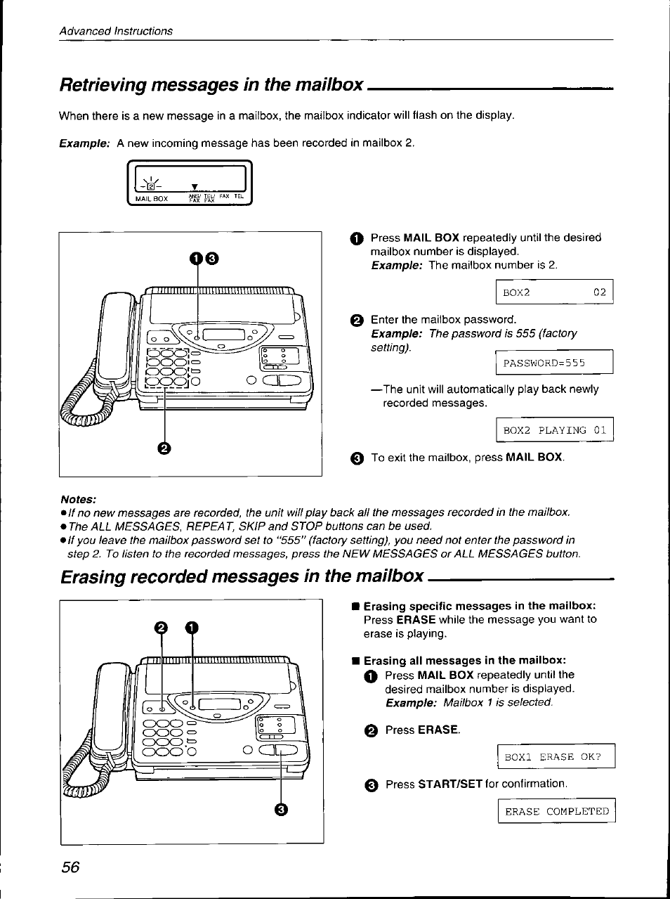 Retrieving messages in the maiibox, Erasing recorded messages in the maiibox, Retrieving messages in the mailbox | Panasonic KX-F700 User Manual | Page 56 / 86
