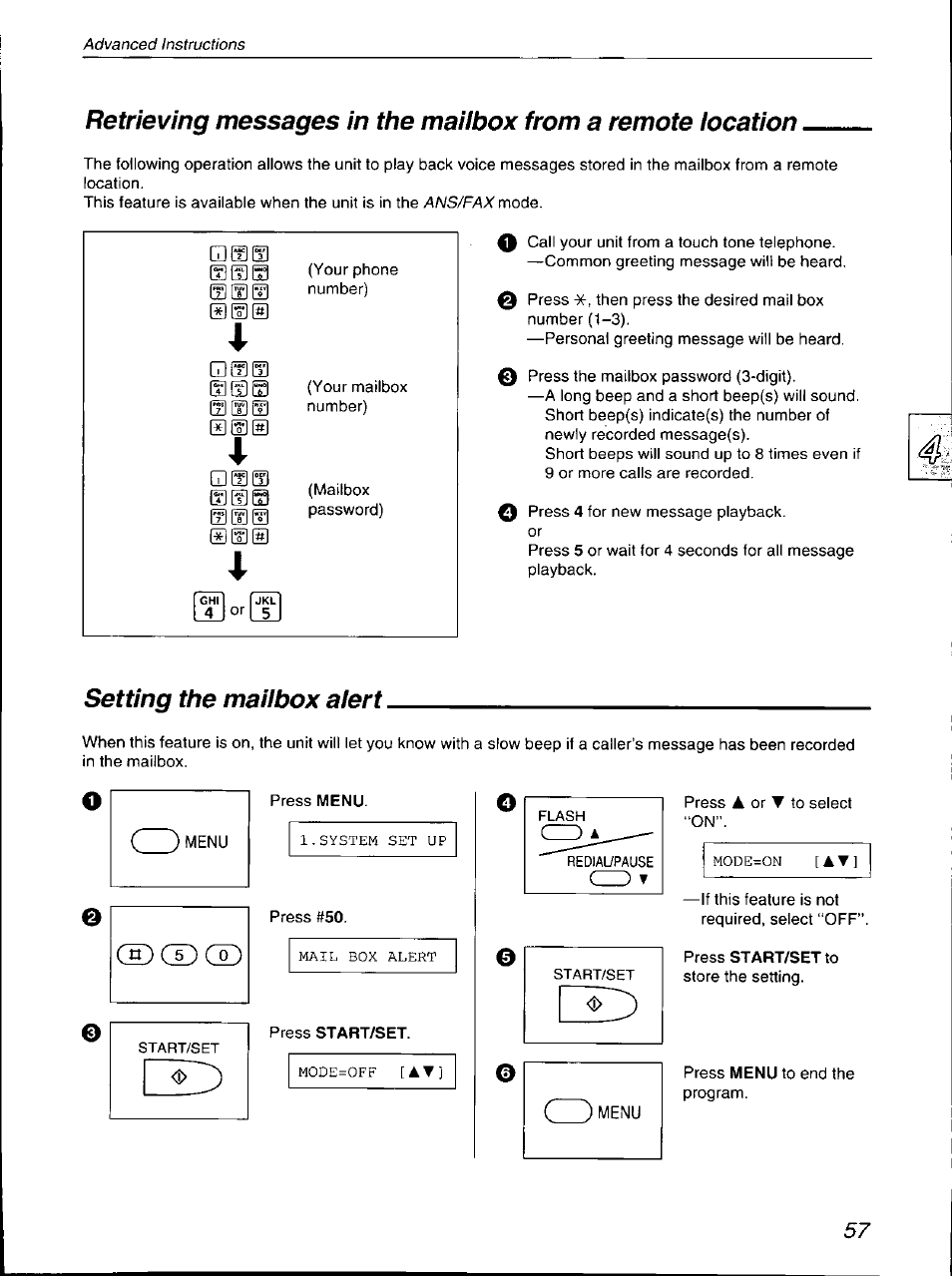 Setting the mailbox alert, Ans/fax | Panasonic KX-F700 User Manual | Page 57 / 86