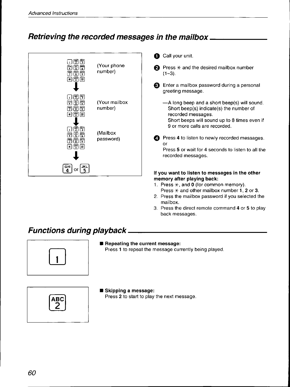 Retrieving the recorded messages in the mailbox, Functions during playback | Panasonic KX-F700 User Manual | Page 60 / 86
