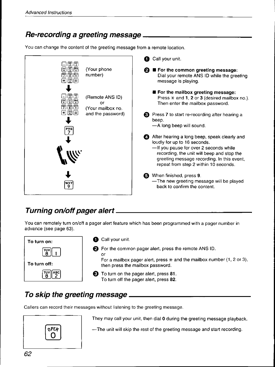 Re-recording a greeting message, To skip the greeting message, Turning on/off pager aiert | Panasonic KX-F700 User Manual | Page 62 / 86