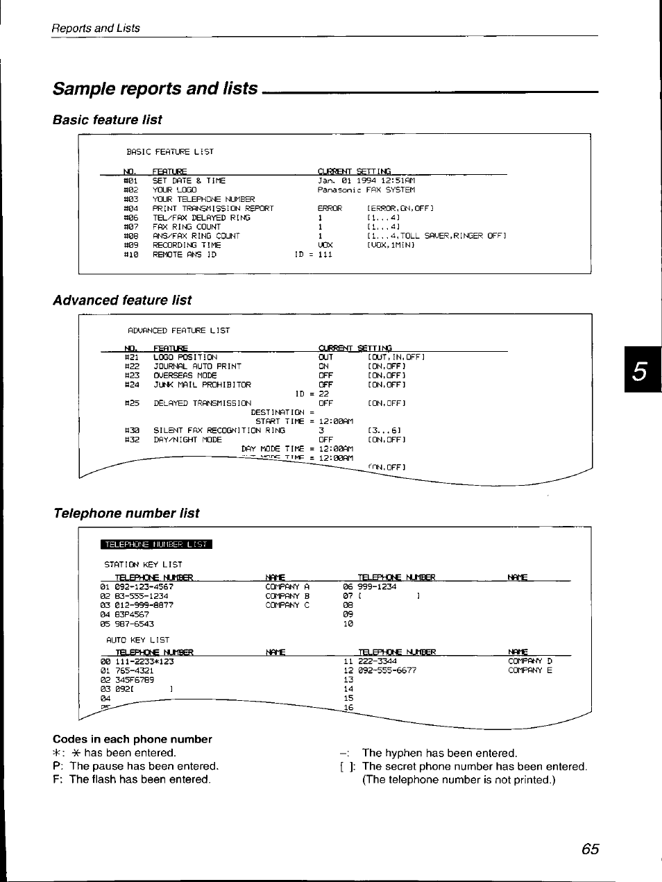 Sample reports and lists, Basic feature list, Advanced feature list | Telephone number list, Reports and lists | Panasonic KX-F700 User Manual | Page 65 / 86