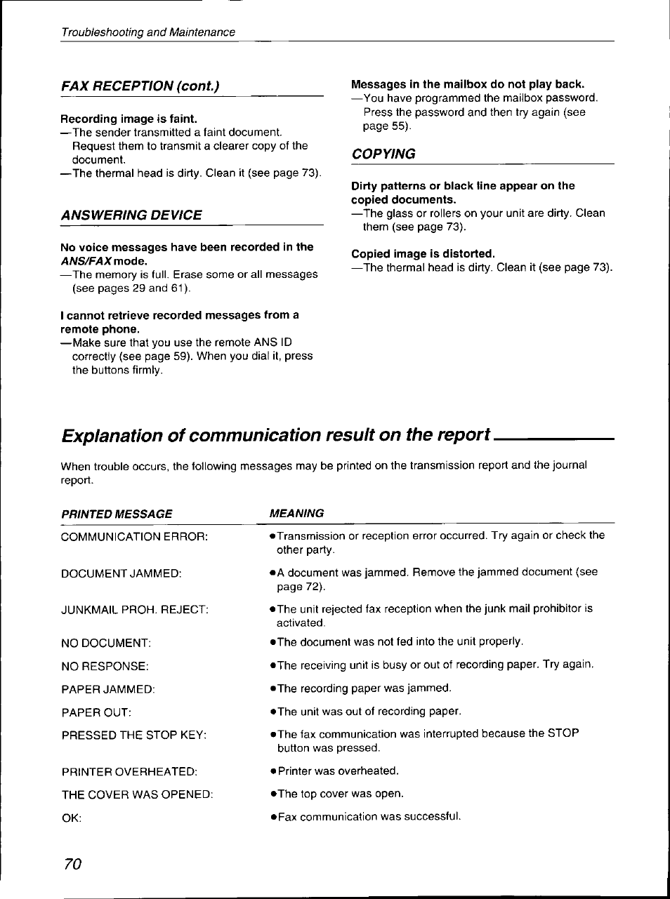Explanation of communication result on the report, Fax reception (coni.), Answering device | Copying | Panasonic KX-F700 User Manual | Page 70 / 86