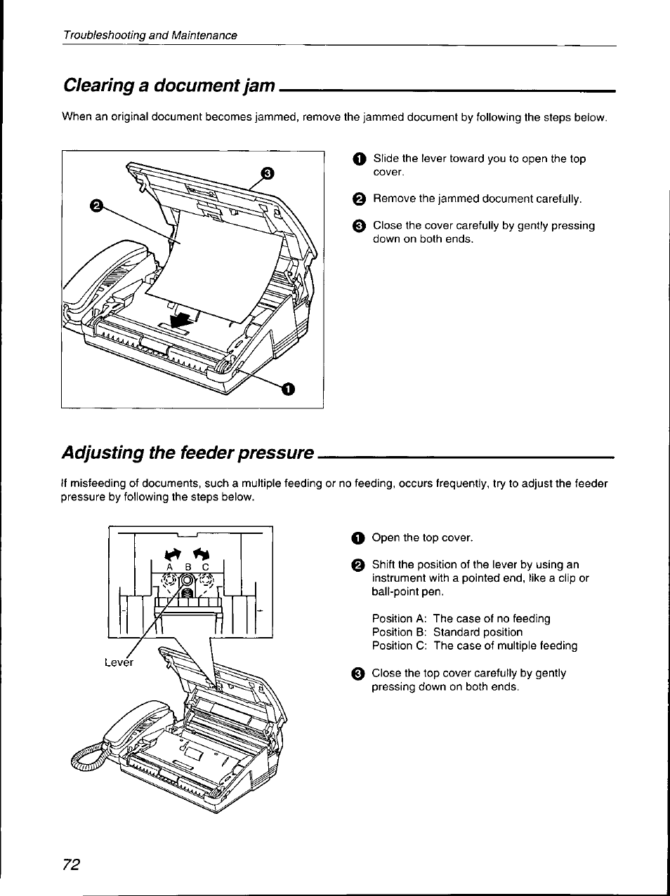 Clearing a document jam, Adjusting the feeder pressure | Panasonic KX-F700 User Manual | Page 72 / 86