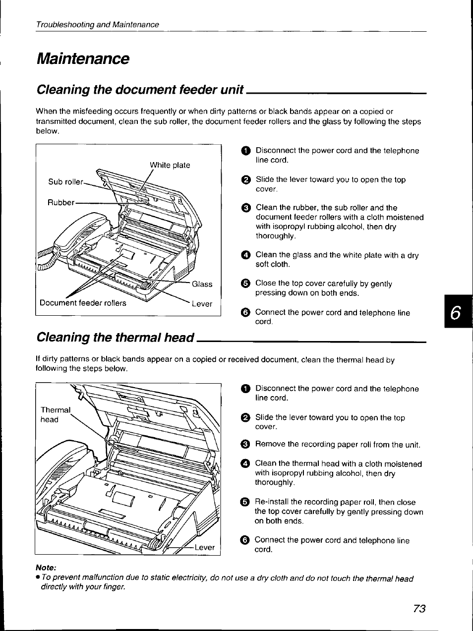 Maintenance, Cleaning the document feeder unit, Cleaning the thermal head | Panasonic KX-F700 User Manual | Page 73 / 86