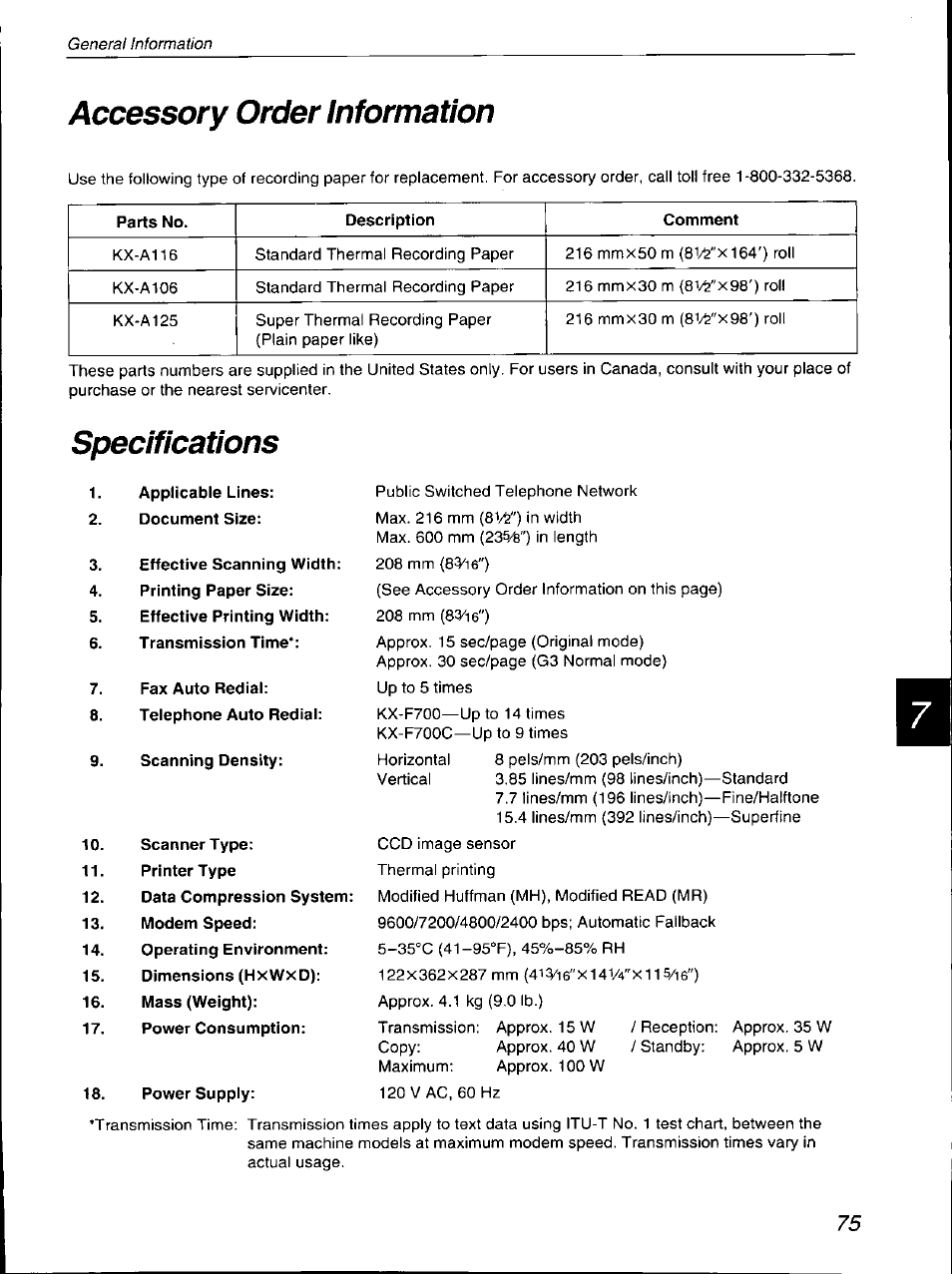 Accessory order information, Specifications, 8wx^q4') | 8wx08') | Panasonic KX-F700 User Manual | Page 75 / 86