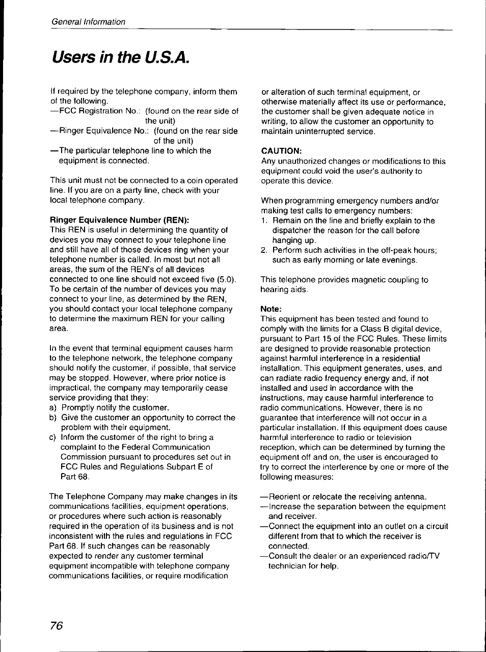 Users in the u.s.a | Panasonic KX-F700 User Manual | Page 76 / 86