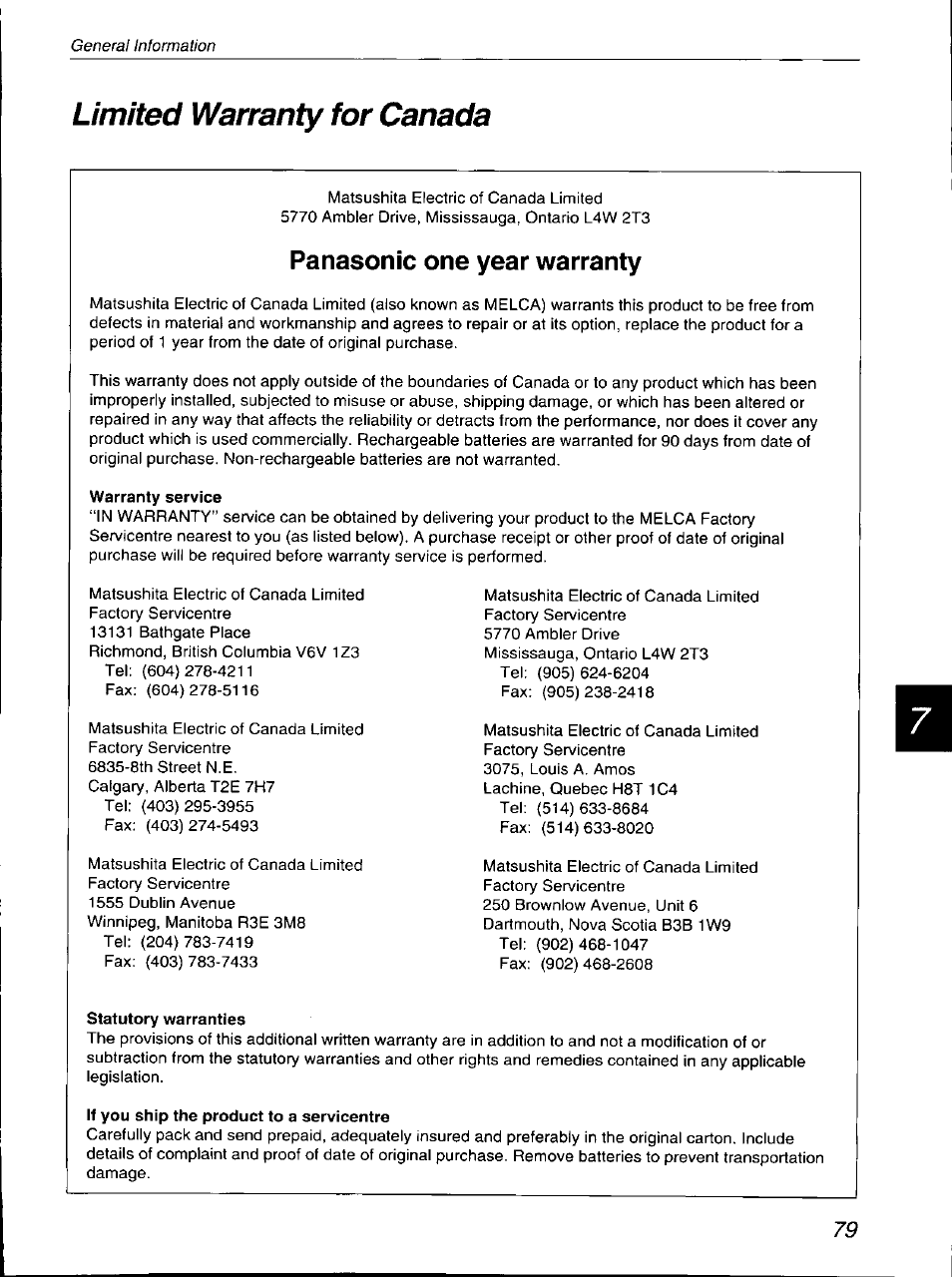 Limited warranty for canada, Panasonic one year warranty | Panasonic KX-F700 User Manual | Page 79 / 86