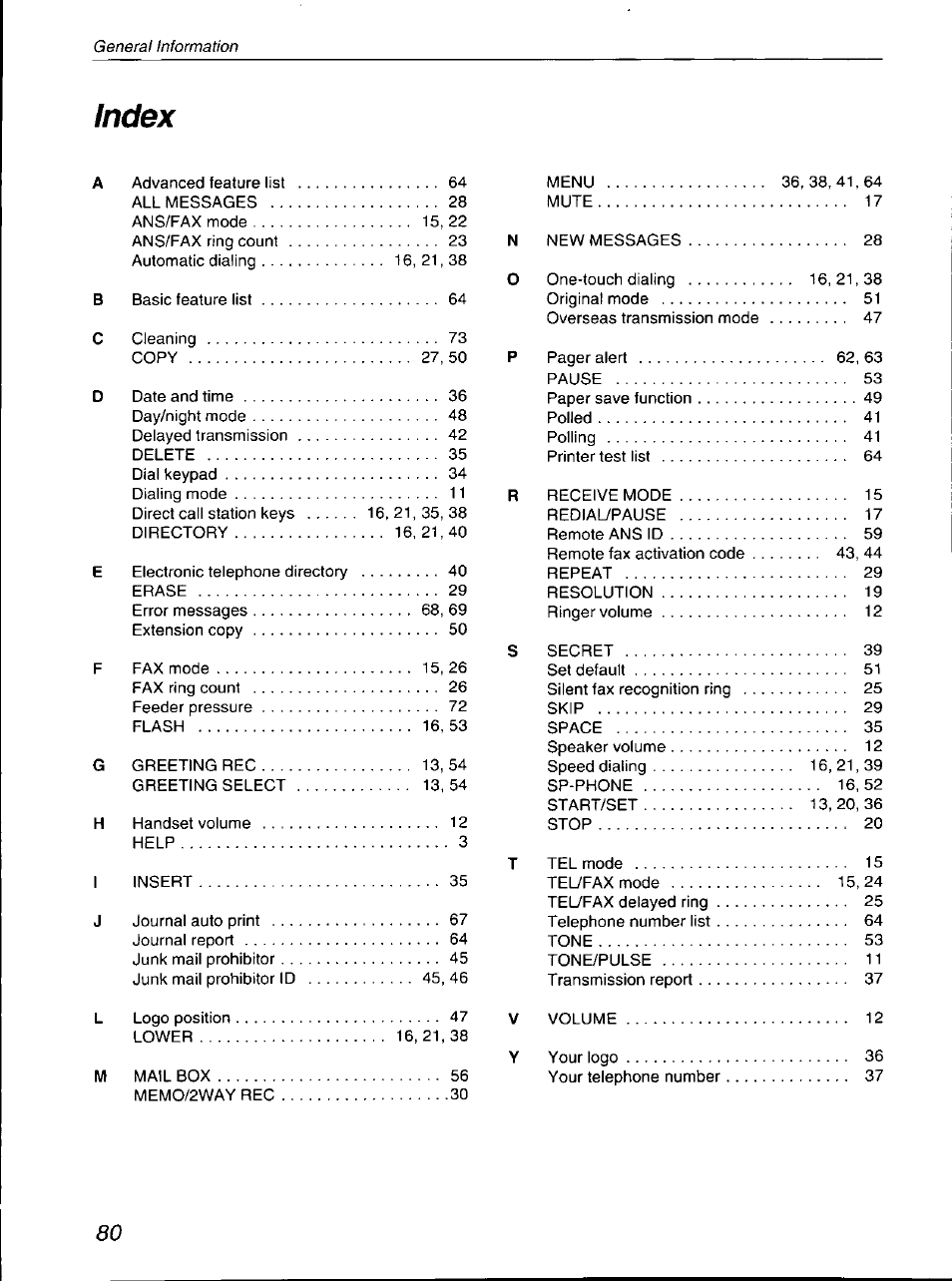 Index | Panasonic KX-F700 User Manual | Page 80 / 86