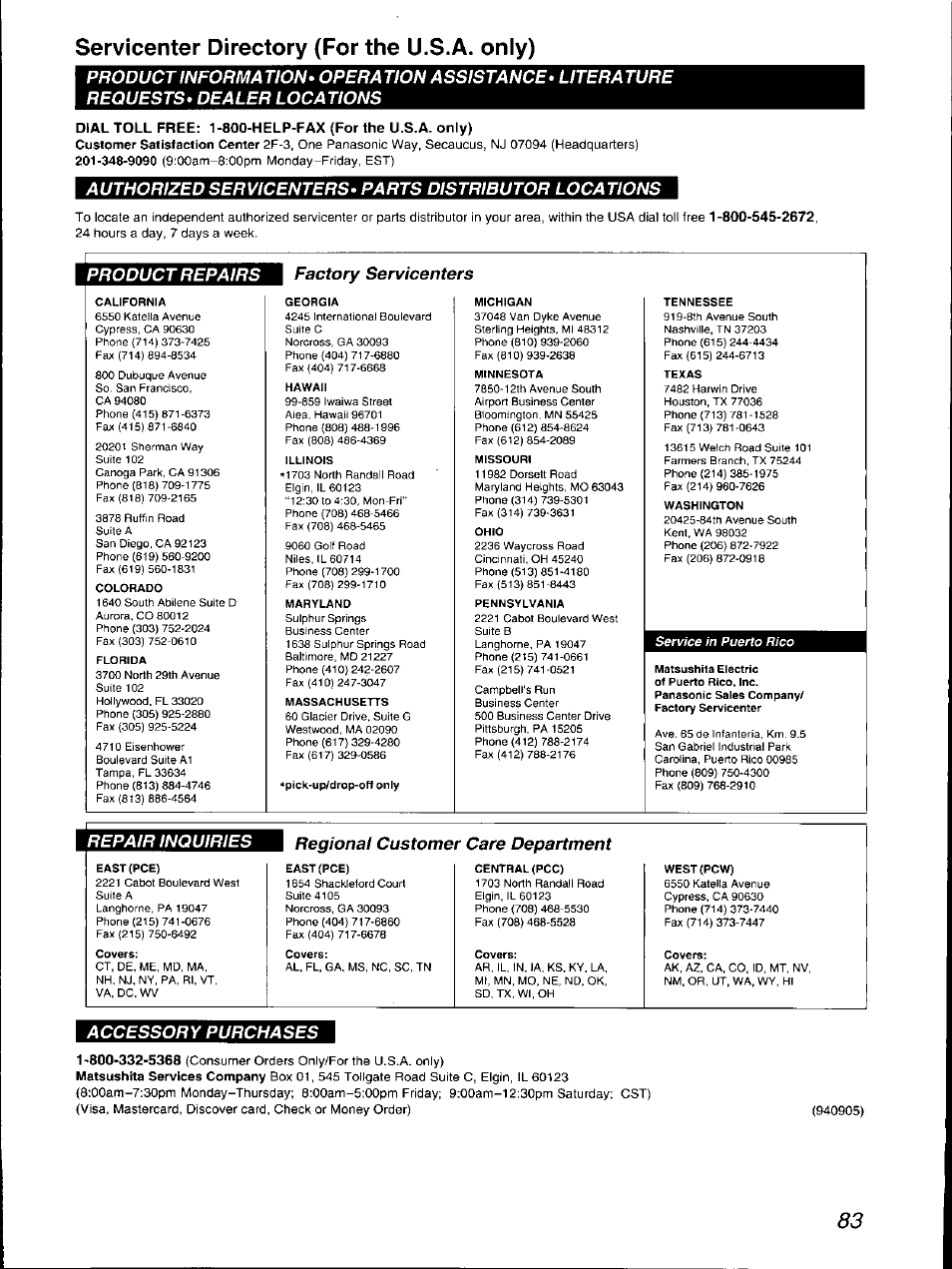 Servicenter directory (for the u.s.a. only), Product repairs, Factory servicenters | Repair inquiries, Regional customer care department, Accessory purchases | Panasonic KX-F700 User Manual | Page 83 / 86