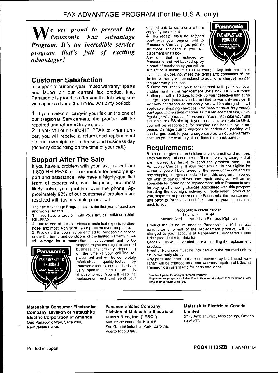 Matsushita electric of canada limited, Fax advantage program (for the u.s.a. only), Customer satisfaction | Support after the sale, Requirements | Panasonic KX-F700 User Manual | Page 86 / 86