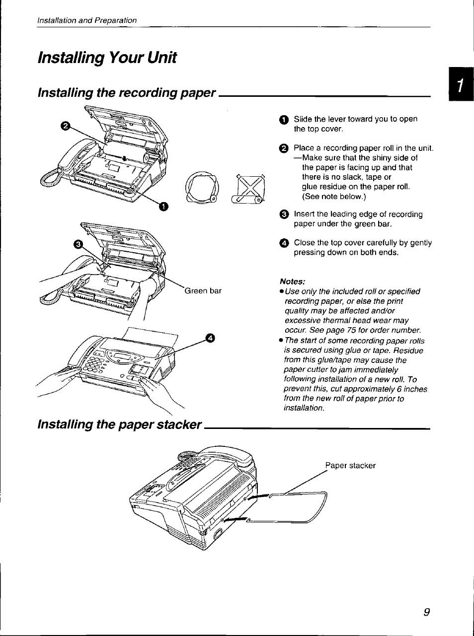 Installing your unit, Installing the recording paper, Installing the paper stacker | Panasonic KX-F700 User Manual | Page 9 / 86