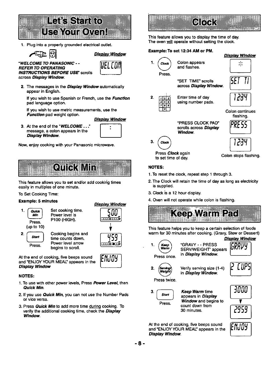 Velcon, Set jt, Press | E cups, S3ss, Eojos, K§¥p.iwaffn"^tsij, Quick min, 500 i ‘/ss e/yos | Panasonic THE GENIUS PREMIER NN-S789 User Manual | Page 10 / 48