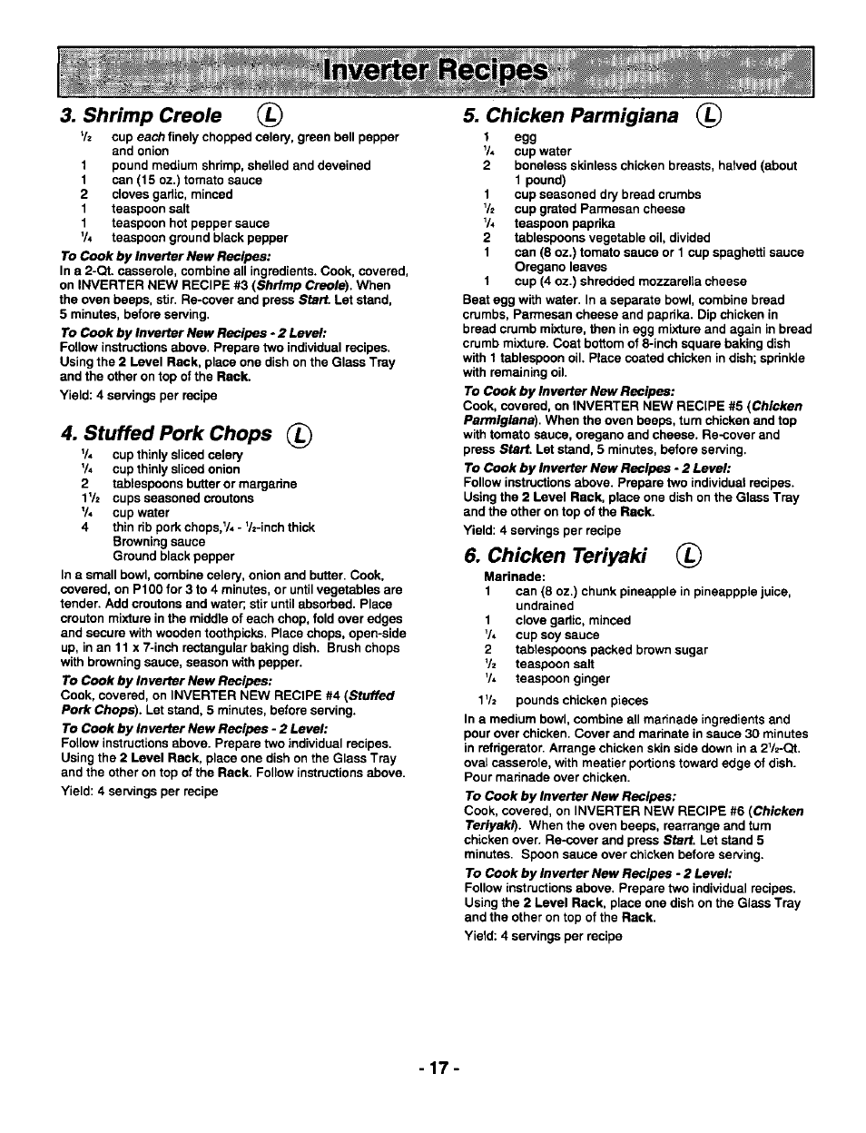 Shrimp creole, Stuffed pork chops, Chicken parmigiana | Chicken teriyaki | Panasonic THE GENIUS PREMIER NN-S789 User Manual | Page 19 / 48