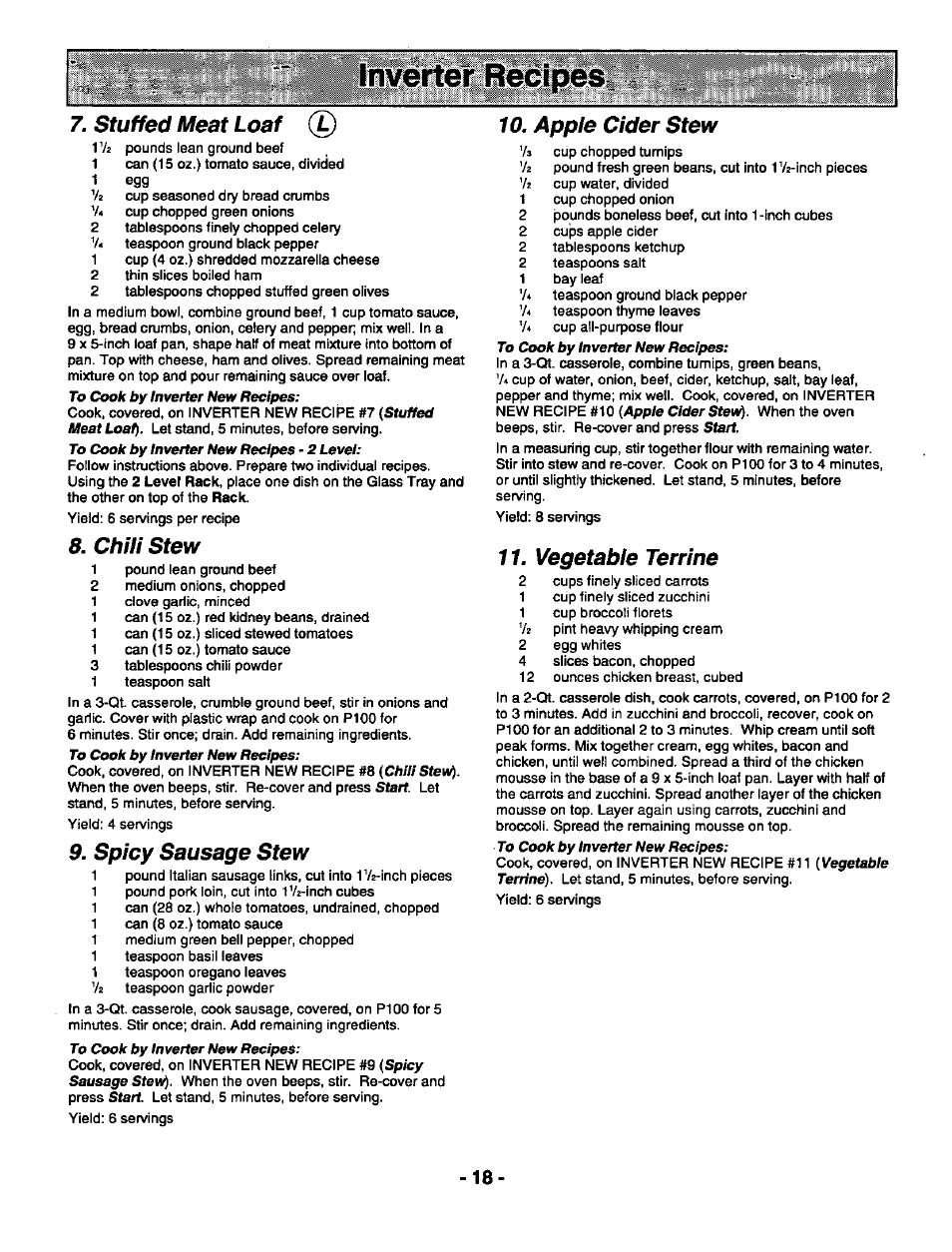 Stuffed meat loaf, Chili stew, Spicy sausage stew | Apple cider stew, Vegetable terrine | Panasonic THE GENIUS PREMIER NN-S789 User Manual | Page 20 / 48