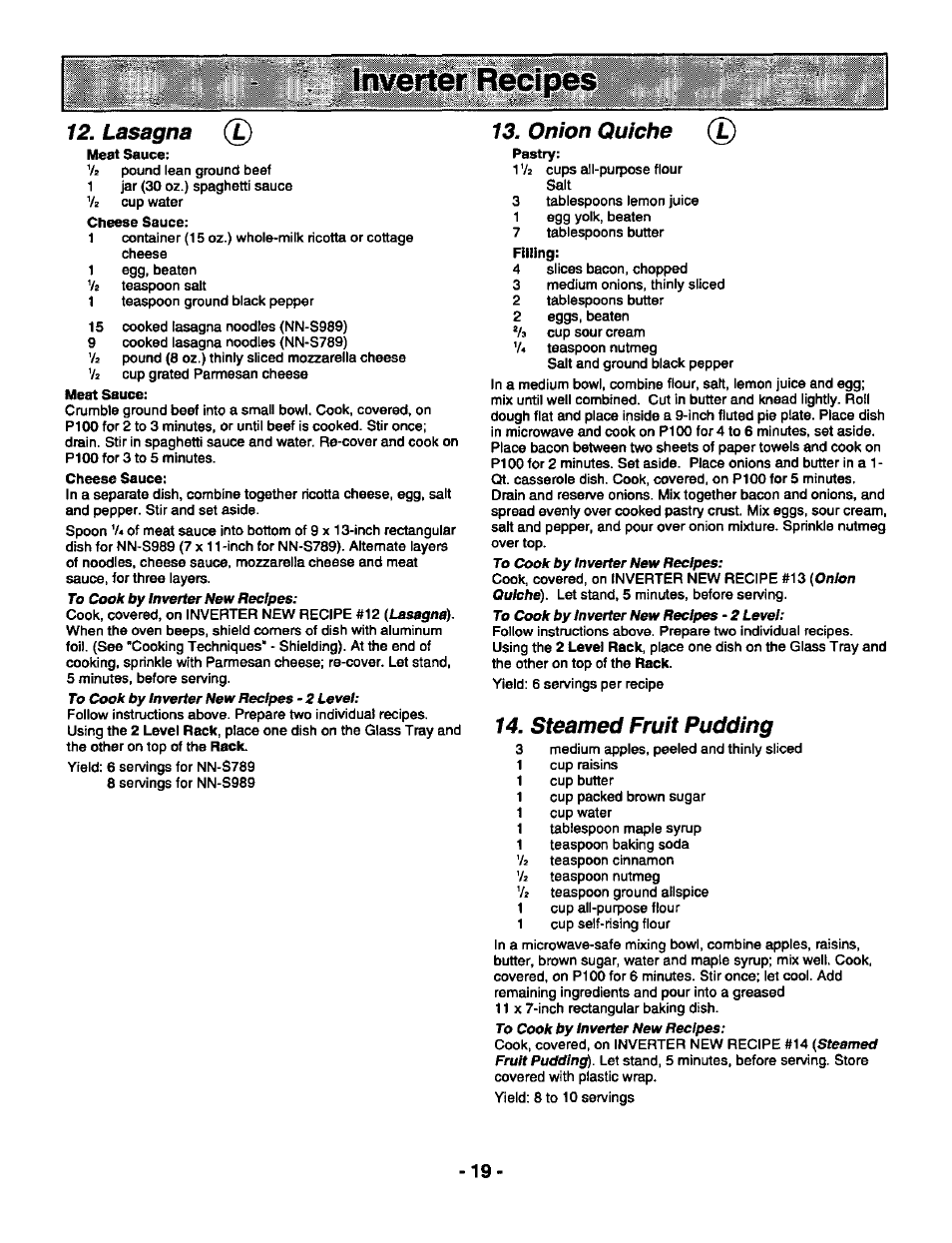 Lasagna, Onion quiche, Steamed fruit pudding | Panasonic THE GENIUS PREMIER NN-S789 User Manual | Page 21 / 48