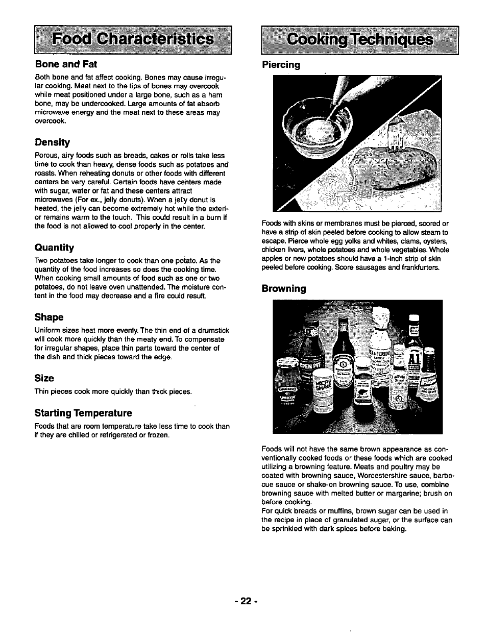 Cooking techniques, Bone and fat, Density | Quantity, Shape, Size, Starting temperature, Piercing, Browning | Panasonic THE GENIUS PREMIER NN-S789 User Manual | Page 24 / 48