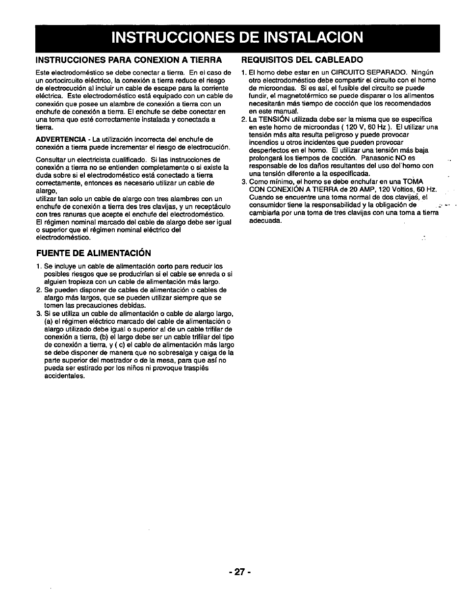 Instrucciones de instalacion | Panasonic THE GENIUS PREMIER NN-S789 User Manual | Page 29 / 48