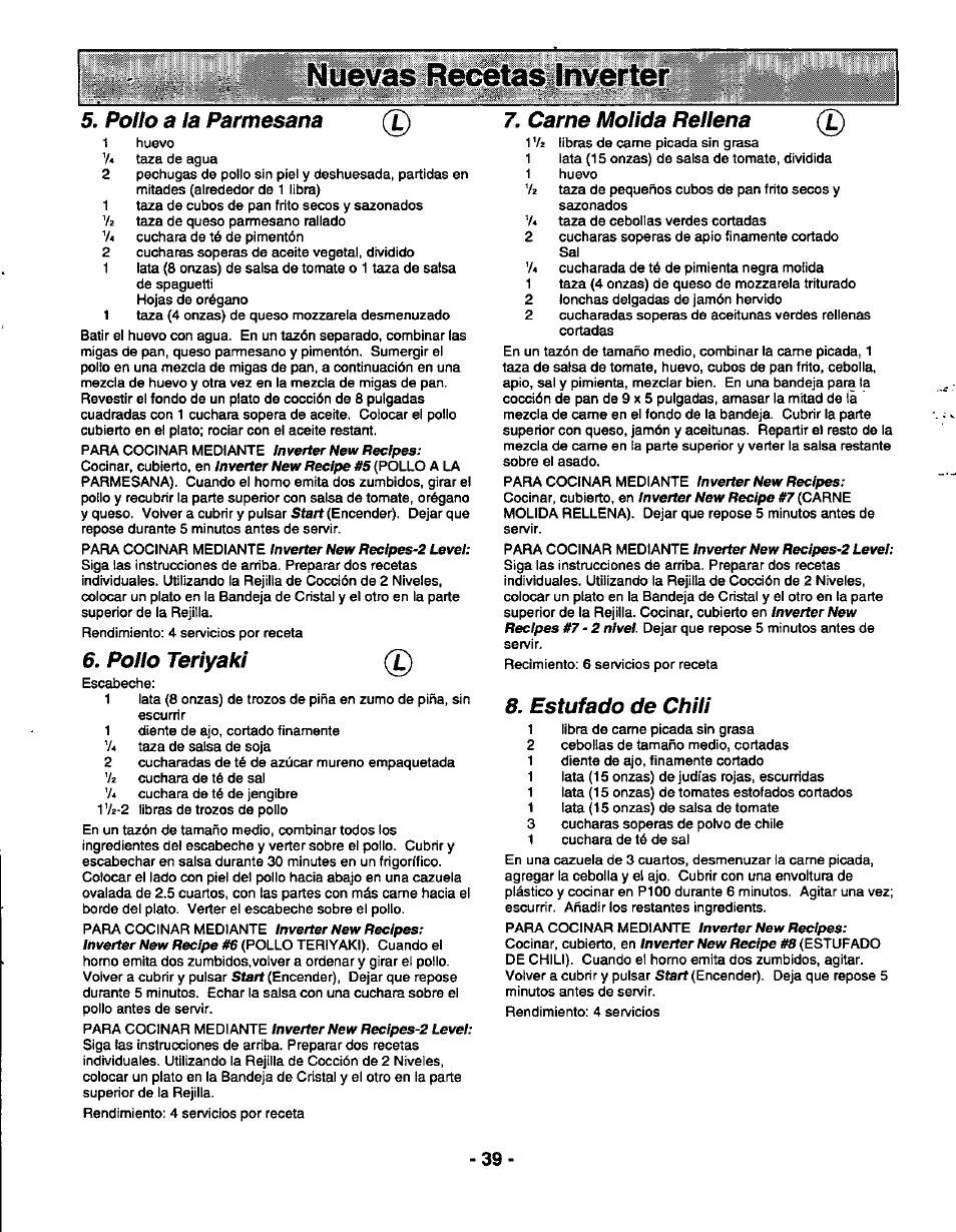 Nverter, Fsfi, Pollo a la parmesana | Pollo teríyaki, Carne molida rellena, Estufado de chili | Panasonic THE GENIUS PREMIER NN-S789 User Manual | Page 41 / 48