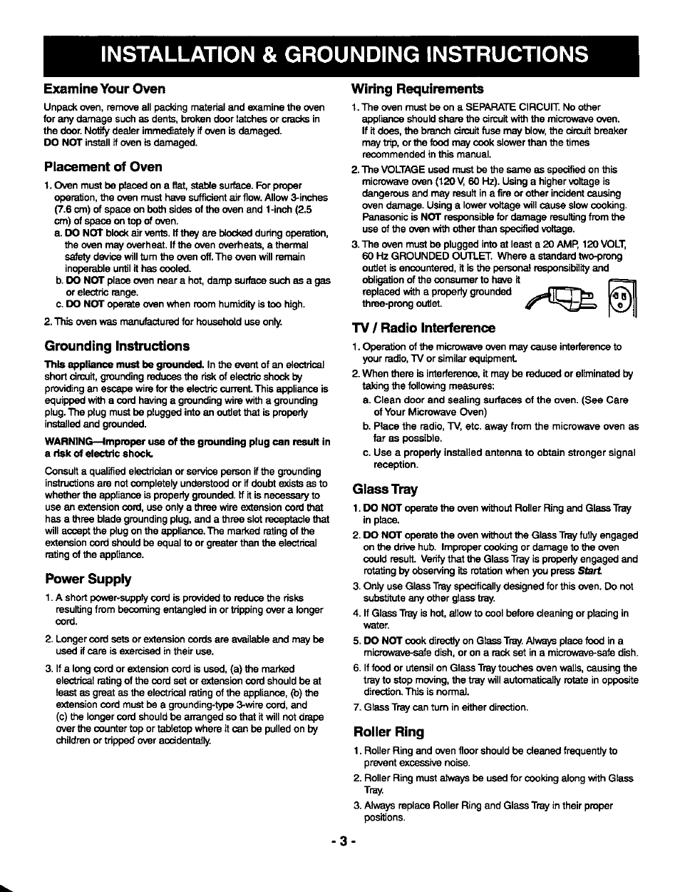 Installation & grounding instructions, Examine your oven, Placement of oven | Grounding instructions, Power supply, Wiring requirements, Tv / radio interference, Glass tray, Roller ring | Panasonic THE GENIUS PREMIER NN-S789 User Manual | Page 5 / 48