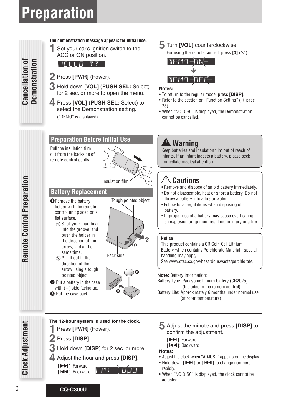 Preparation (clock adjustment etc.), Preparation, Cautions | Warning, Clock adjustment | Panasonic CQ-C300U User Manual | Page 10 / 88