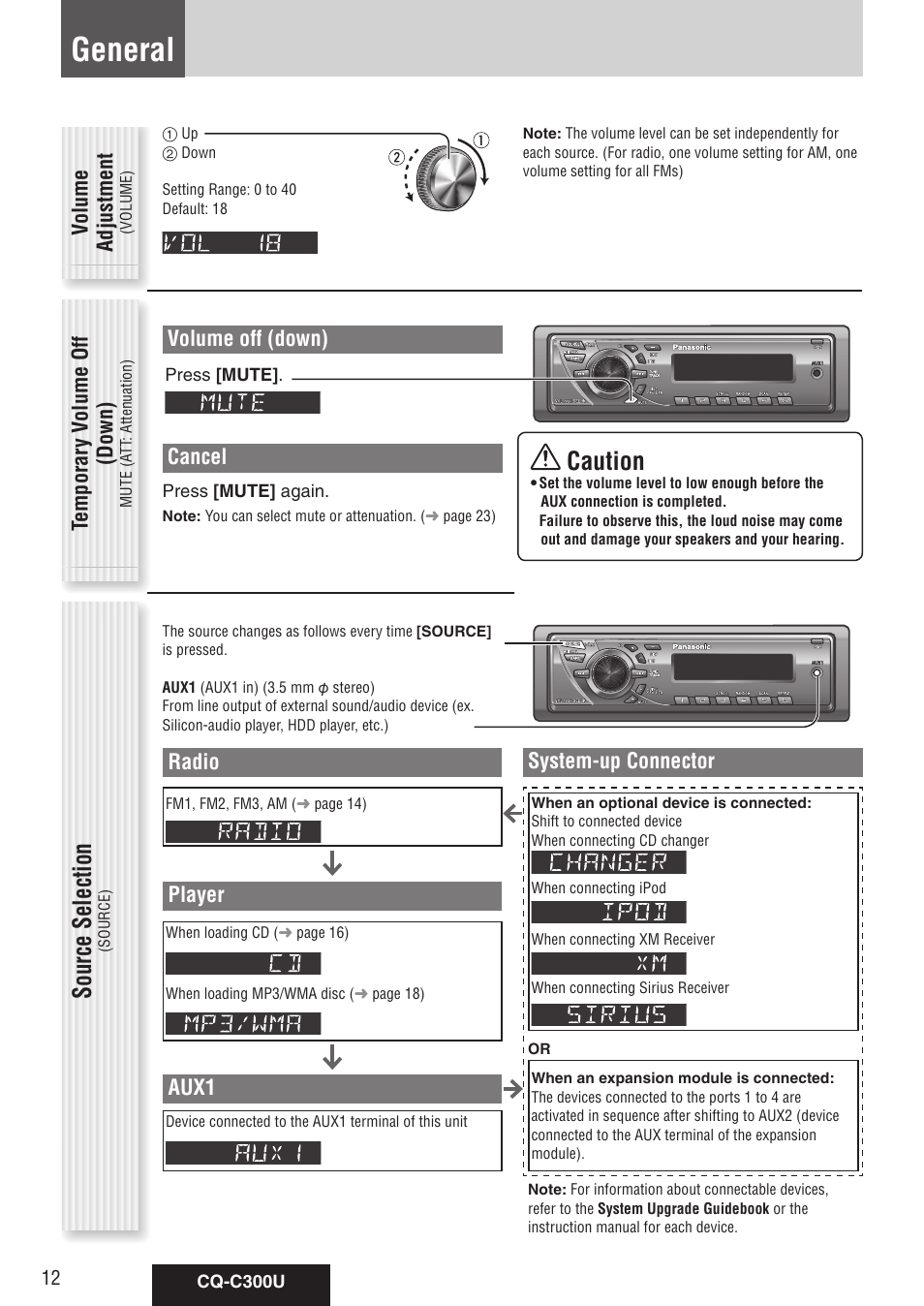 General, Source selection, Caution | Volume off (down), Cancel, Volume adjustment, Temporar y v olume off (down), Radio, Player, Aux1 | Panasonic CQ-C300U User Manual | Page 12 / 88