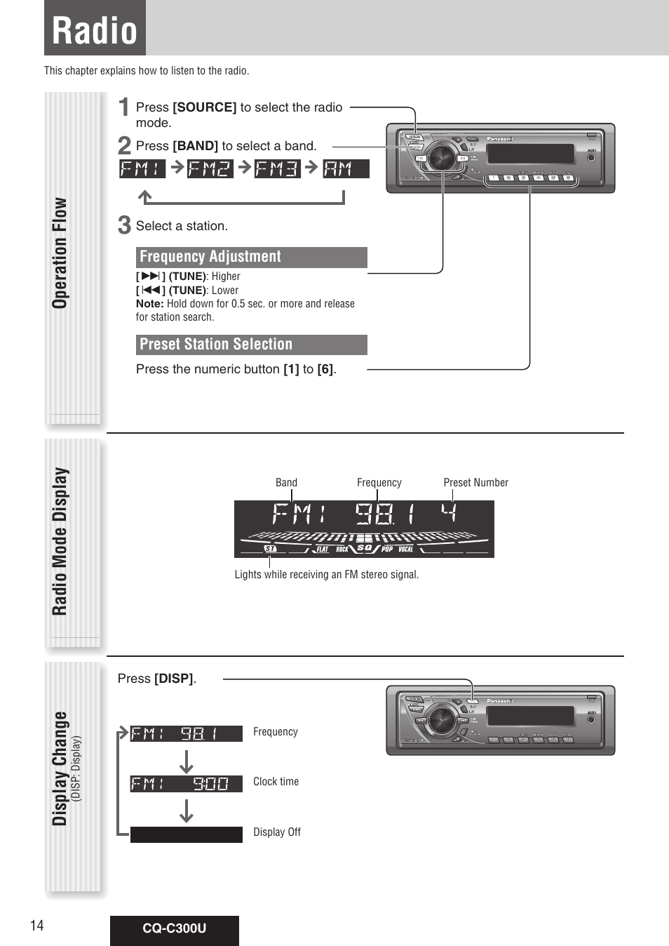 Eachsource, Radio, Operation flow radio mode display display change | Panasonic CQ-C300U User Manual | Page 14 / 88