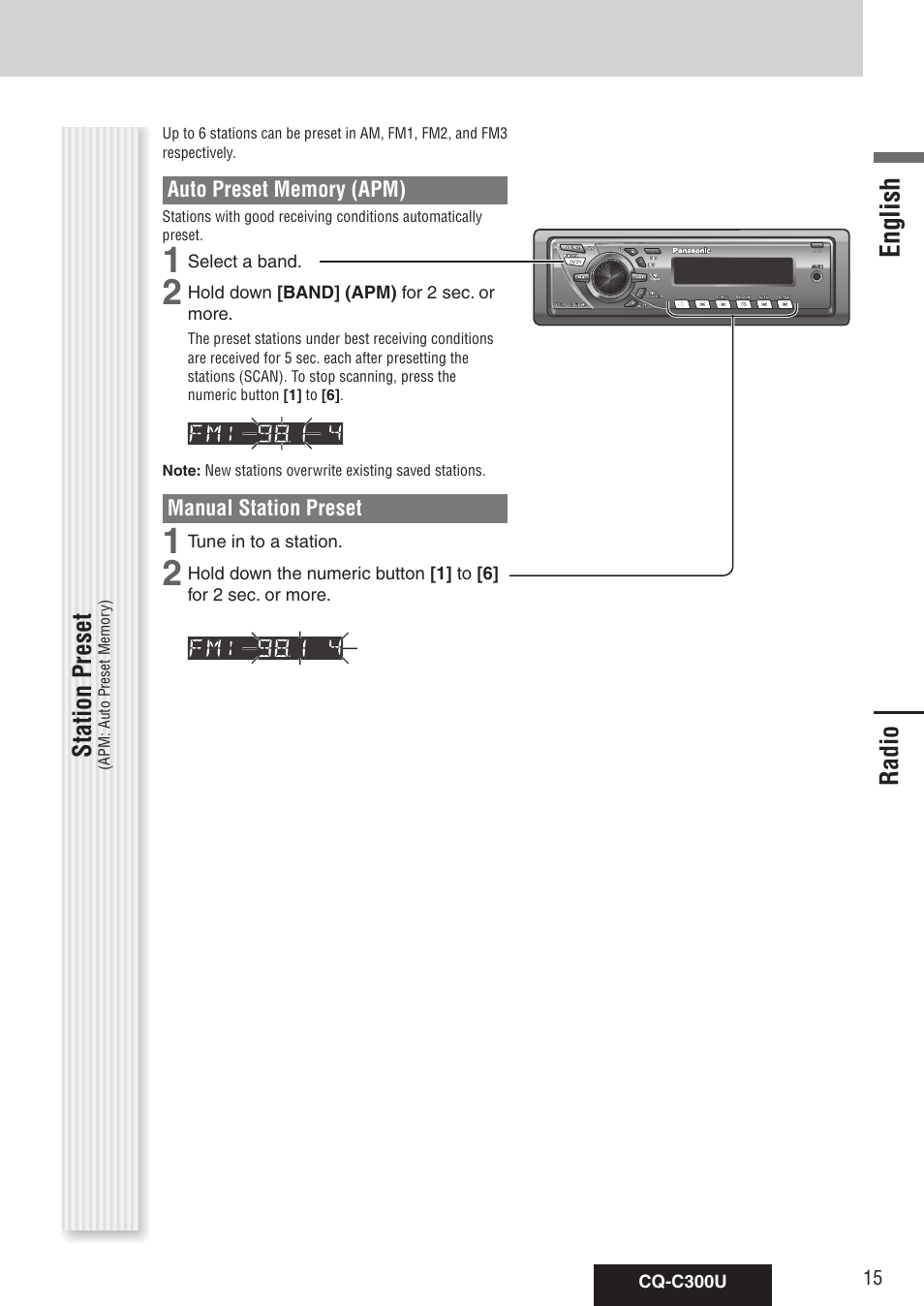 Radio, English | Panasonic CQ-C300U User Manual | Page 15 / 88