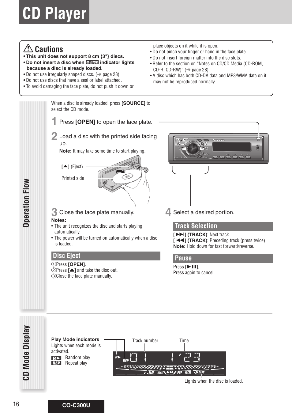 Cd player, Cautions, Operation flow | Cd mode display, Track selection, Pause, Disc eject | Panasonic CQ-C300U User Manual | Page 16 / 88