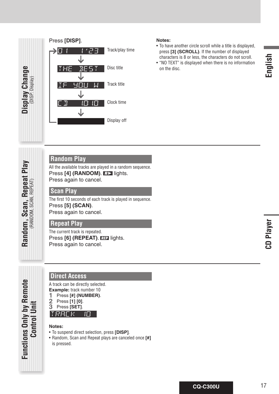 English, Random, scan, repeat play, Functions only by remote control unit | Cd player display change, Random play, Scan play, Repeat play, Direct access | Panasonic CQ-C300U User Manual | Page 17 / 88