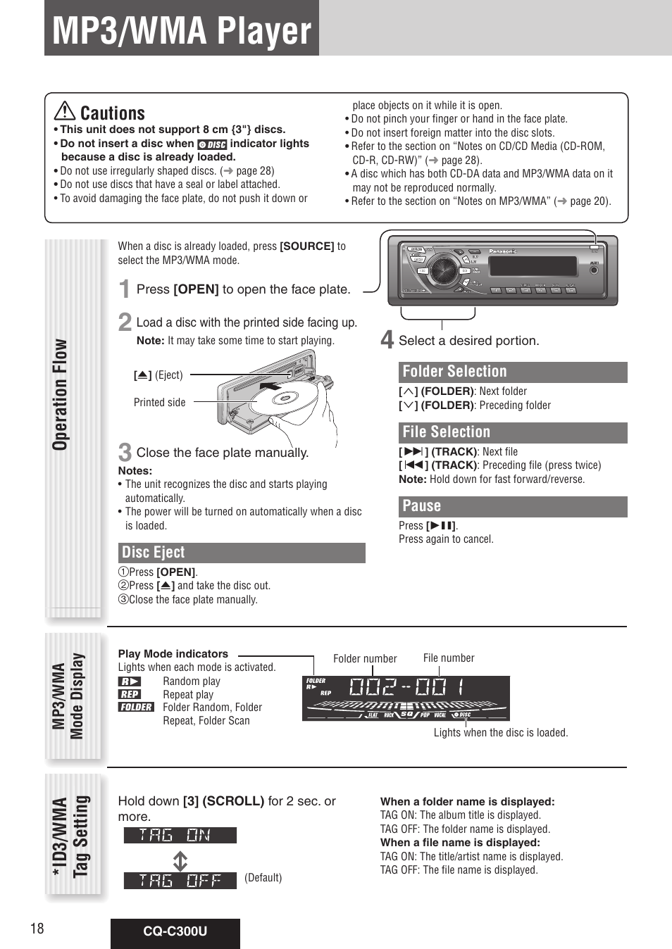 Mp3/wma player, Operation flow, Id3/wma tag setting | Cautions, Folder selection, File selection, Pause, Mp3/wma mode display, Disc eject | Panasonic CQ-C300U User Manual | Page 18 / 88