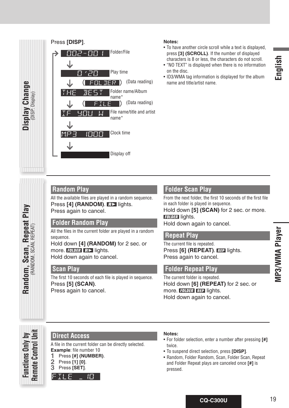 English, Random, scan, repeat play, Display change | Direct access, Random play, Folder random play, Scan play, Folder scan play, Repeat play, Folder repeat play | Panasonic CQ-C300U User Manual | Page 19 / 88