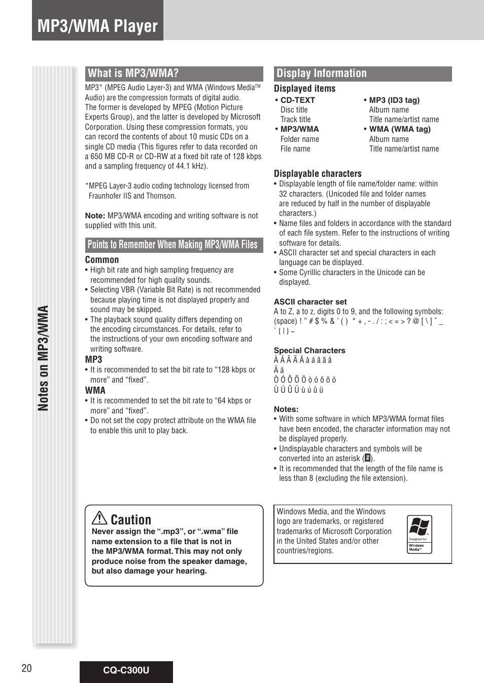 Mp3/wma player, Caution, What is mp3/wma | Points to remember when making mp3/wma files, Display information | Panasonic CQ-C300U User Manual | Page 20 / 88