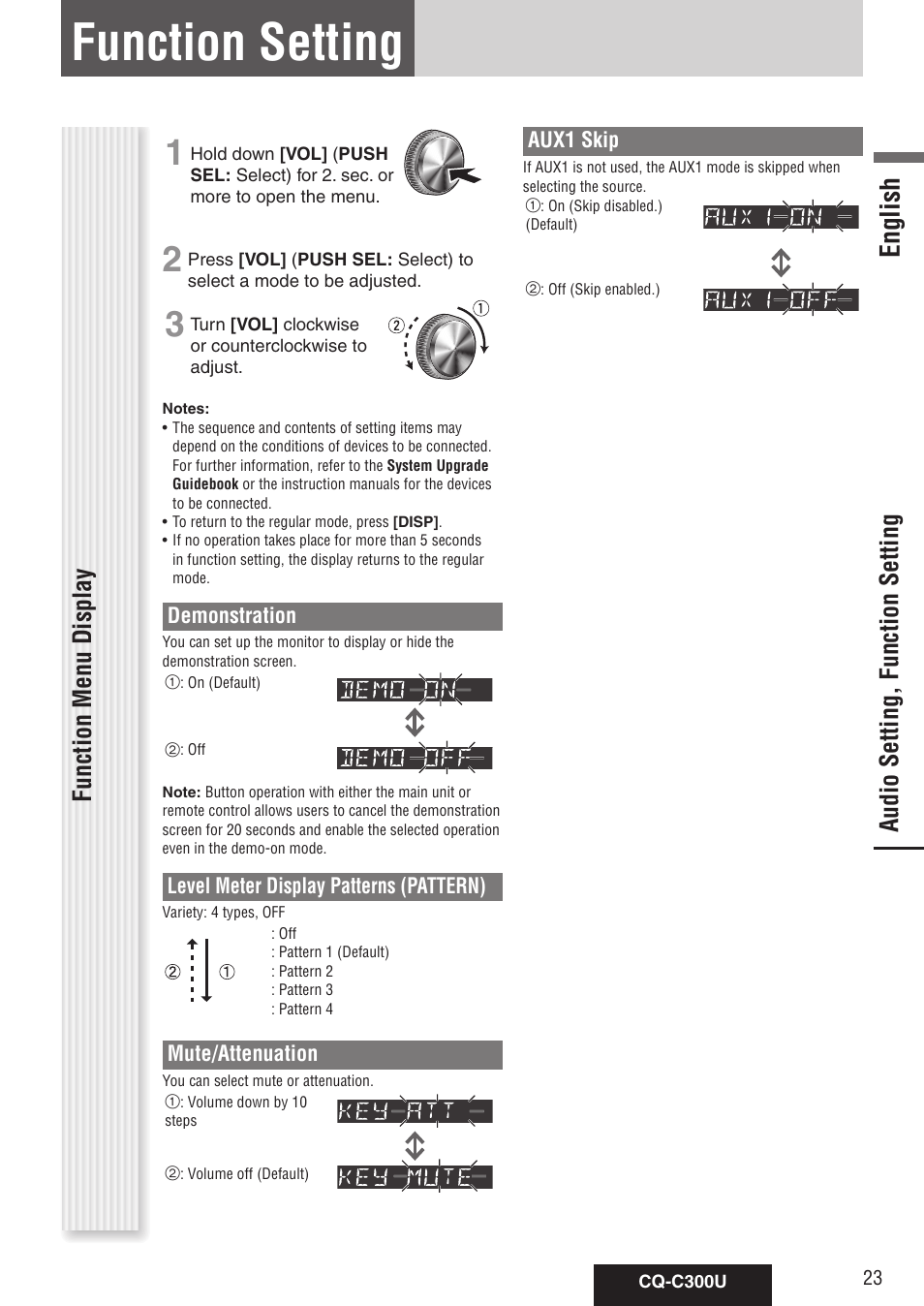 Function setting, English, Audio setting, function setting | Function menu display | Panasonic CQ-C300U User Manual | Page 23 / 88