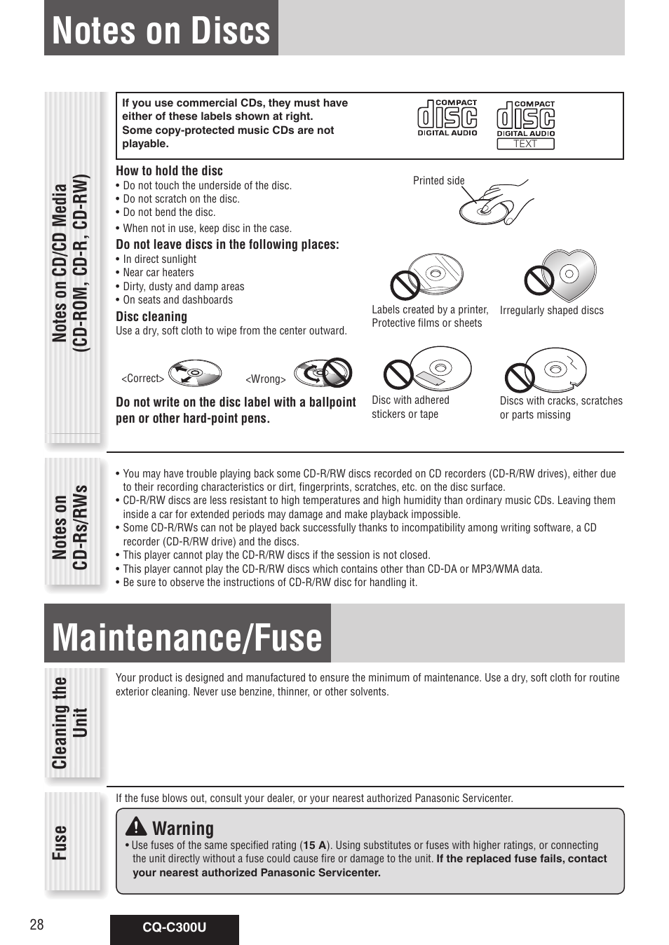 Notes on discs, Maintenance/fuse, Cleaning the unit | Fuse warning | Panasonic CQ-C300U User Manual | Page 28 / 88