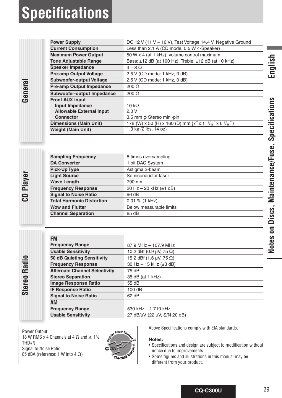 Specifications, English, General cd player | Stereo radio | Panasonic CQ-C300U User Manual | Page 29 / 88